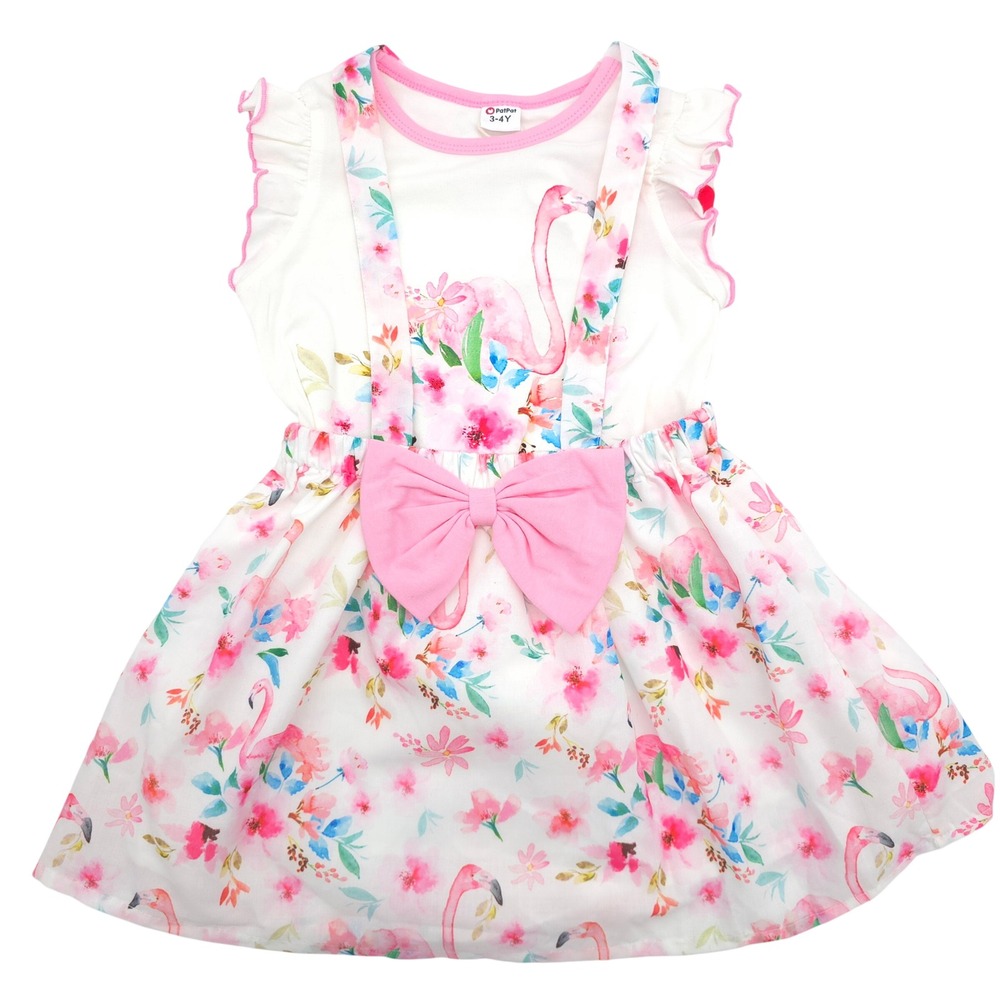 PatPat Girls 2-Piece Suspender Skirt Set Flamingo Floral Pink White Size 3-4Y